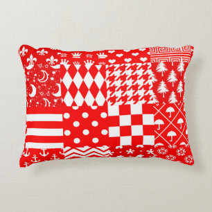 Red White Mixed Patterns Patchwork Design Accent Pillow