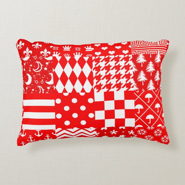 Red White Mixed Patterns Patchwork Design  Accent Pillow (Front)