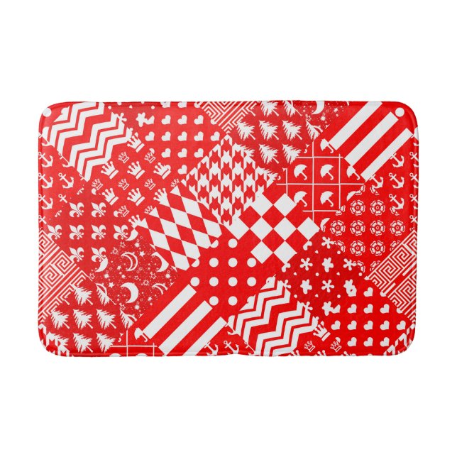 Red White Mixed Patterns Patchwork Design  Bath Mat (Front)