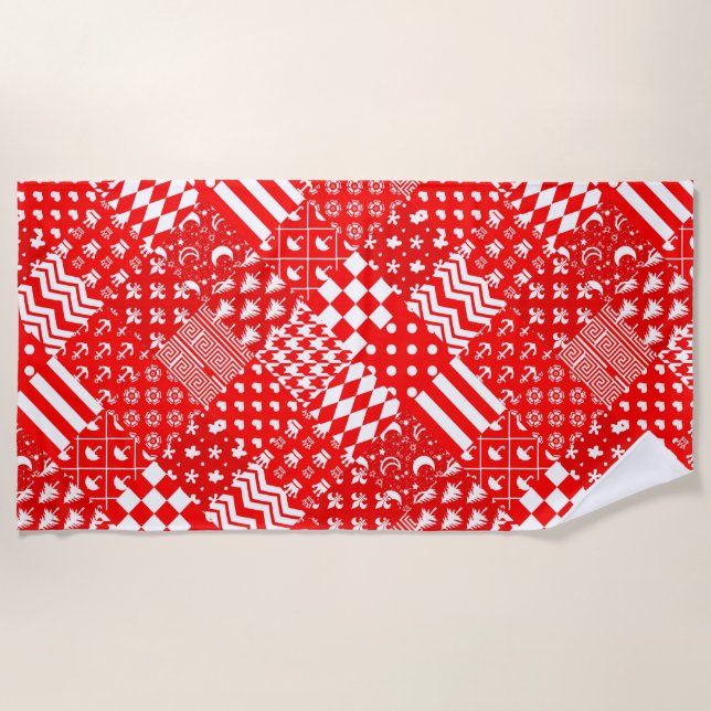 Red White Mixed Patterns Patchwork Design  Beach Towel (Front)