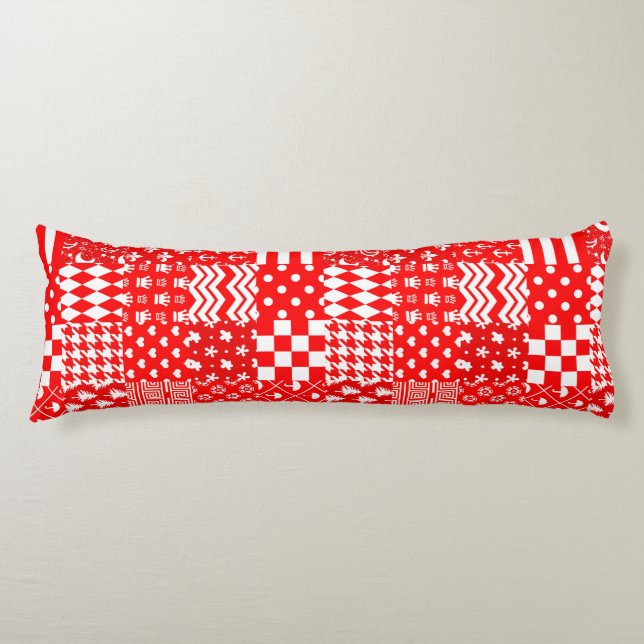 Red White Mixed Patterns Patchwork Design  Body Pillow (Front)