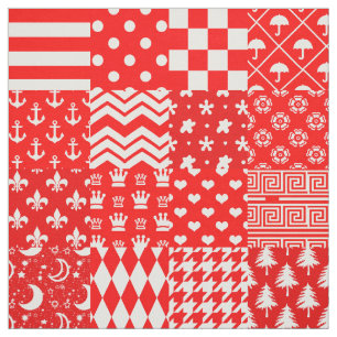 Red White Mixed Patterns Patchwork Design  Fabric