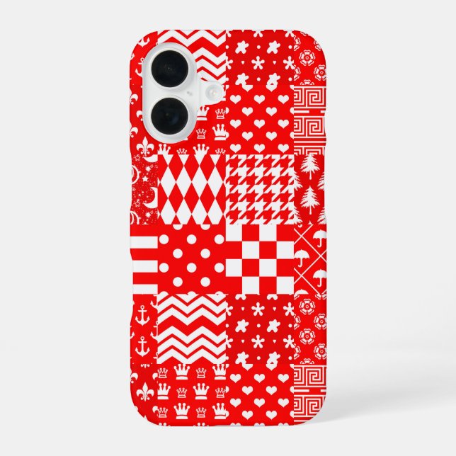 Red White Mixed Patterns Patchwork Design  iPhone 16 Case (Back)