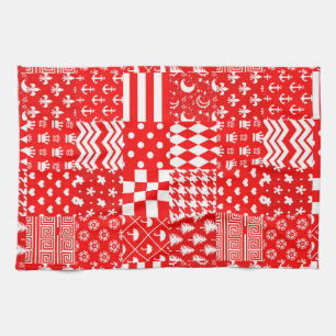 Red White Mixed Patterns Patchwork Design Kitchen Towel