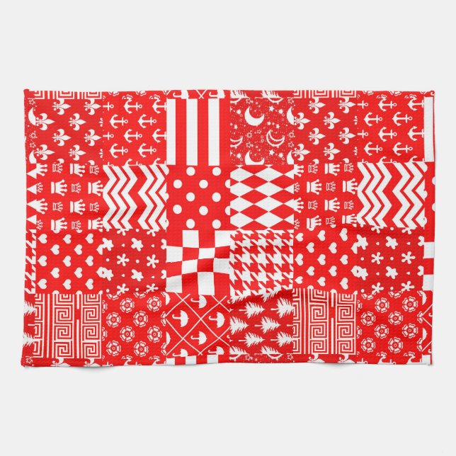 Red White Mixed Patterns Patchwork Design  Kitchen Towel (Horizontal)