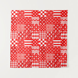 Red White Mixed Patterns Patchwork Design Tapestry