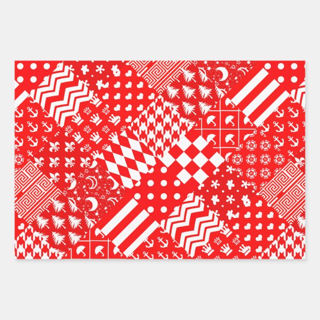Red White Mixed Patterns Patchwork Design  Wrapping Paper Sheet (Front)