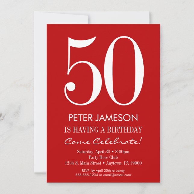 Red & White Modern Adult Birthday Invitations (Front)