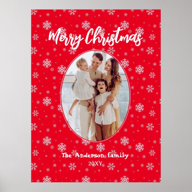 Red White Modern Family Photo Merry Christmas Poster (Front)