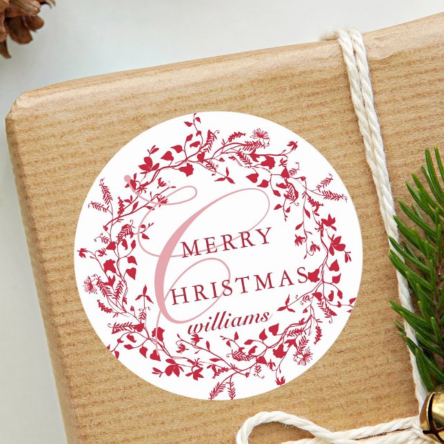 Red & White Modern Wildflower Wreath Christmas Classic Round Sticker (Creator Uploaded)
