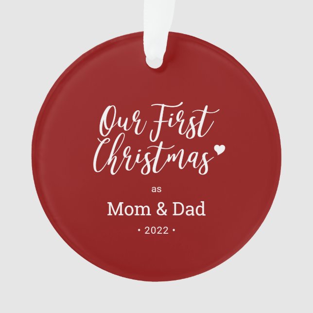 Red & White Mom Dad First Christmas Photo Ornament (Front)