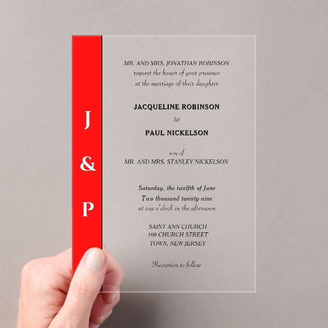Red White Monogram Bride and Groom Clear Acrylic Invitations (Insitu (Handheld))
