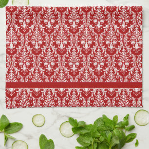 Red White Monogram Chic Damask Floral Swirls Kitchen Towel