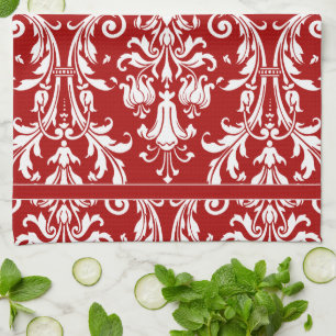 Red White Monogram Chic Damask Floral Swirls Kitchen Towel