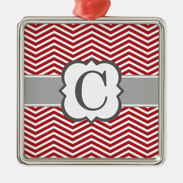 Red White Monogram Letter C Chevron Metal Ornament (Front)