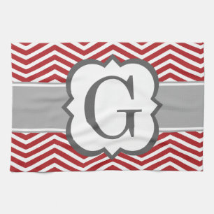 Red White Monogram Letter G Chevron Kitchen Towel
