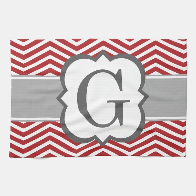 Red White Monogram Letter G Chevron Kitchen Towel (Horizontal)