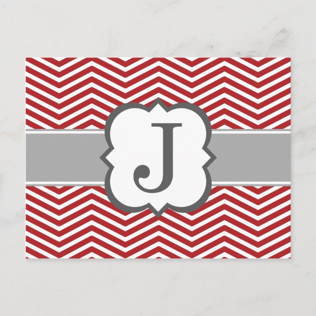 Red White Monogram Letter J Chevron Postcard (Front)