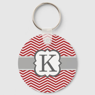 Red White Monogram Letter K Chevron Keychain