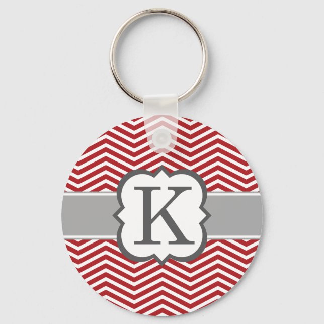 Red White Monogram Letter K Chevron Keychain (Front)