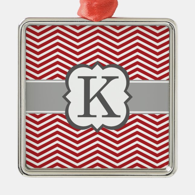 Red White Monogram Letter K Chevron Metal Ornament (Front)
