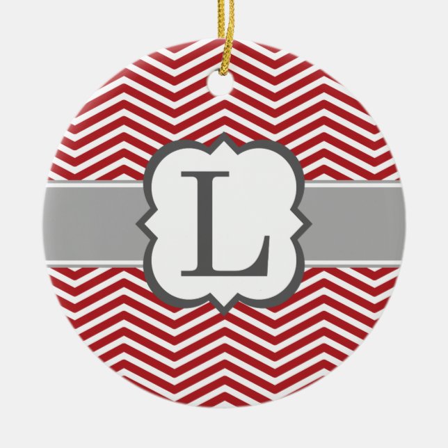 Red White Monogram Letter L Chevron Ceramic Ornament (Front)