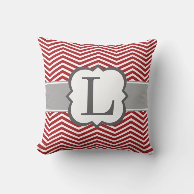 Red White Monogram Letter L Chevron Throw Pillow (Front)