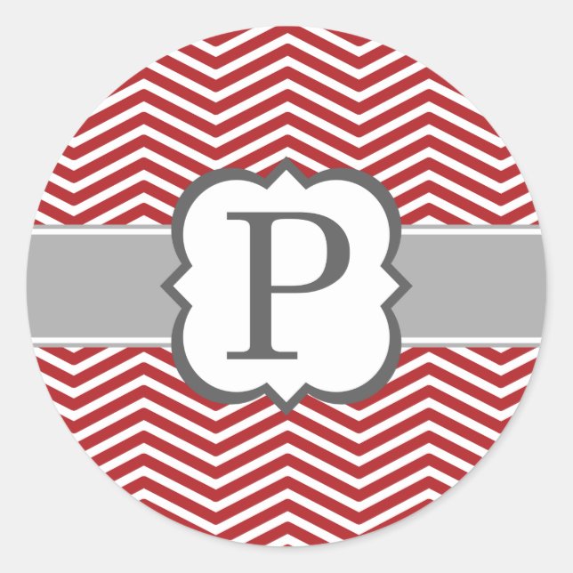 Red White Monogram Letter P Chevron Classic Round Sticker (Front)