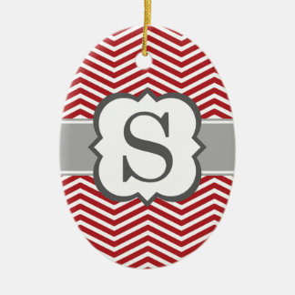 Red White Monogram Letter S Chevron Ceramic Ornament