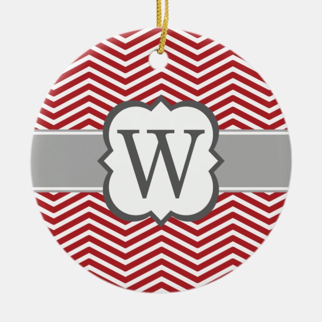 Red White Monogram Letter W Chevron Ceramic Ornament (Front)