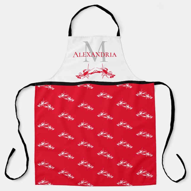  Red White Monogram Name Lobster Pattern Apron (Front)
