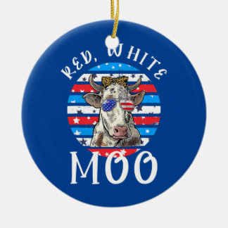 Red White Moo Cute American Cow Farmer 4th Of Ceramic Ornament