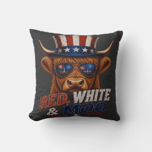 Red White & Moo Highland Cow - Funny 4th of Throw Pillow