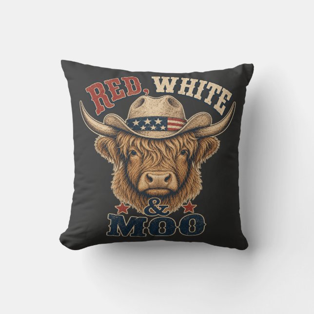 Red, White & Moo Highland Cow  Throw Pillow (Front)