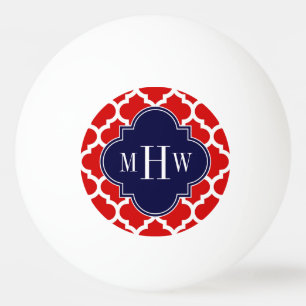 Red, White Moroccan #5 Navy 3 Initial Monogram Ping Pong Ball