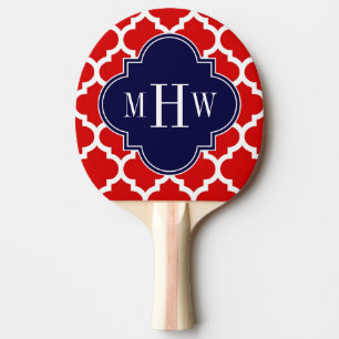 Red, White Moroccan #5 Navy 3 Initial Monogram Ping Pong Paddle