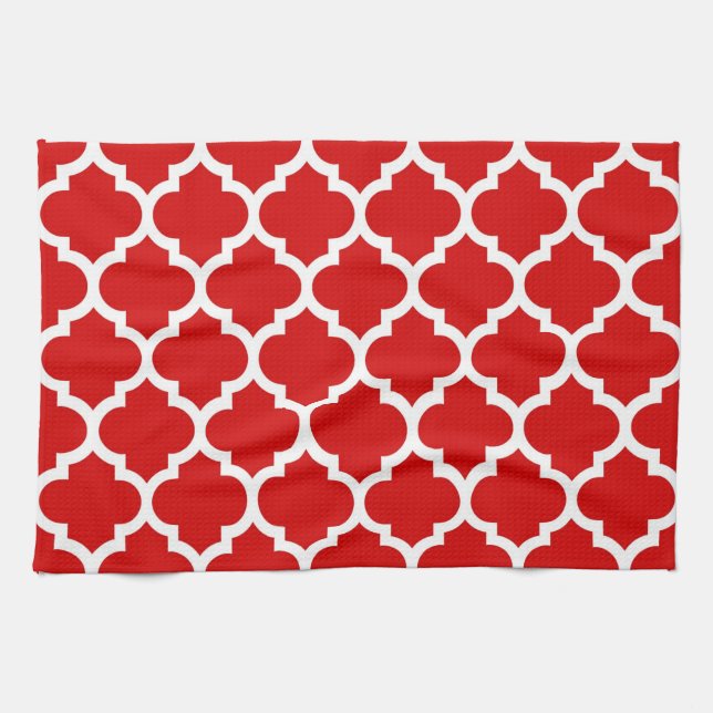 Red White Moroccan Quatrefoil Pattern #5 Kitchen Towel (Horizontal)