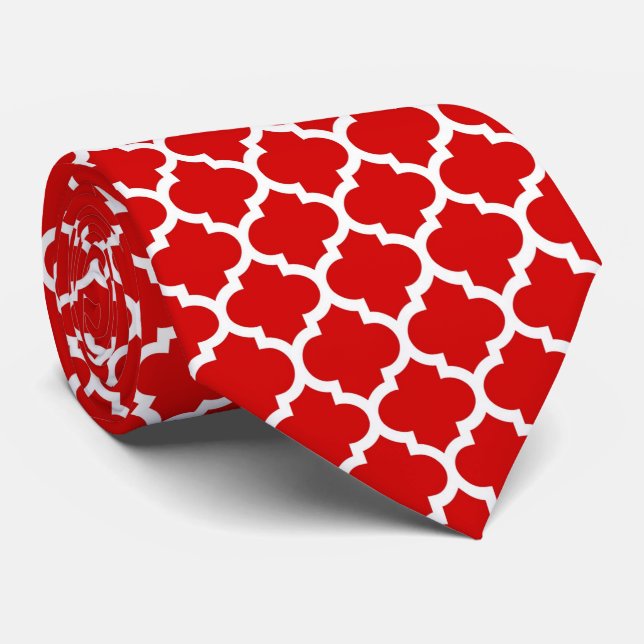 Red White Moroccan Quatrefoil Pattern #5 Tie (Rolled)