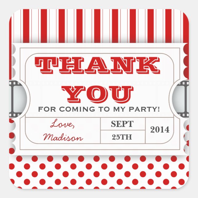 Red White Movie Ticket Birthday Thank You Sticker (Front)