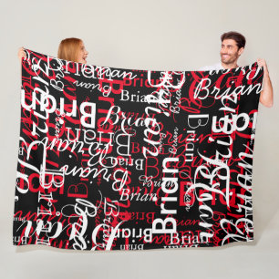 Red & White Name Cool Pattern all over Black Fleece Blanket