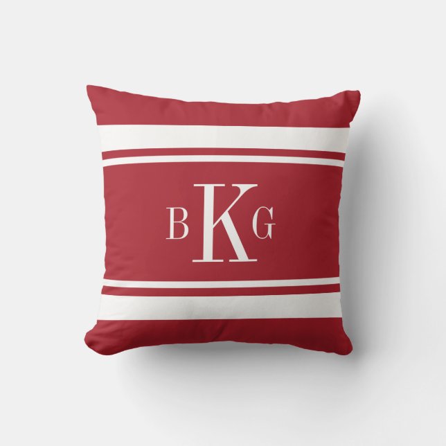 Red White Nautical Stripes Custom Monogram Throw Pillow (Front)