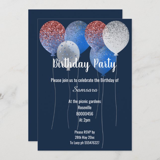 RED WHITE & NAVY BLUE BIRTHDAY BALLOON  INVITATION (Front/Back)