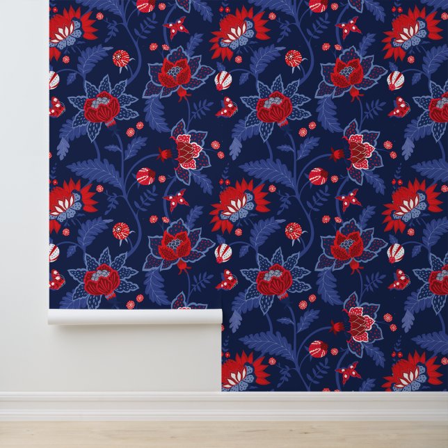 Red, White, Navy & Blue Indian Floral Pattern Wallpaper (Application)