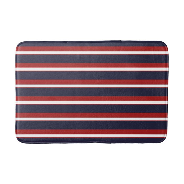 Red White Navy Blue Stripes Nautical Stripe Bath Mat (Front)