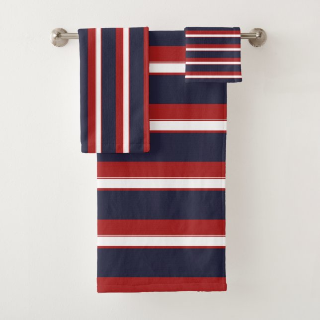 Red White Navy Blue Stripes Nautical Stripe Bath Towel Set (Insitu)
