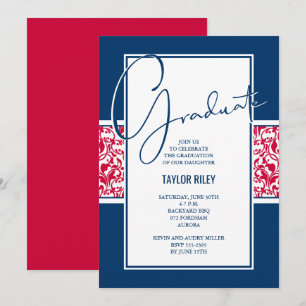 Red White Navy Damask Graduation Invitation