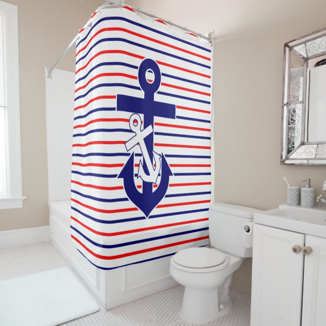 Red White & Navy Stripes W/Anchors Shower Curtain (In Situ)
