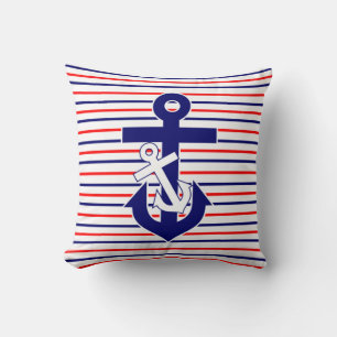 Red White & Navy Stripes With Anchors Throw Pillow