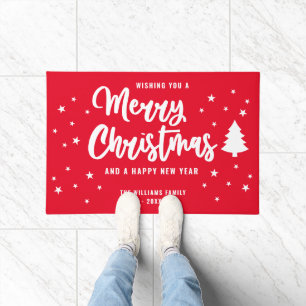 Red White Non Photo Family Name Merry Christmas Doormat
