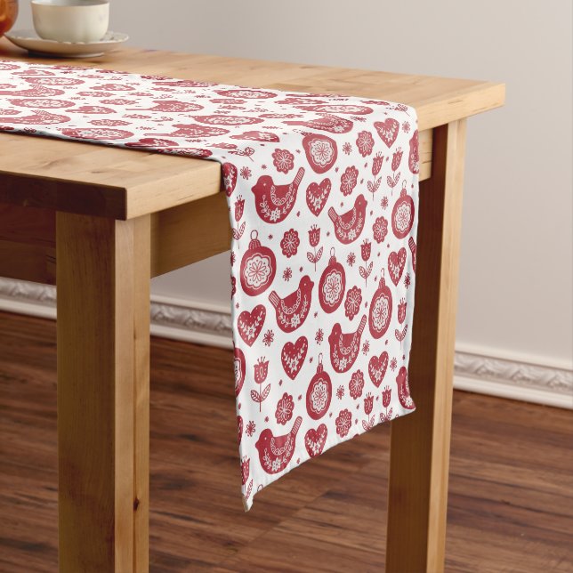 Red White Nordic Bird Bulb Christmas Pattern  Medium Table Runner (In Situ)
